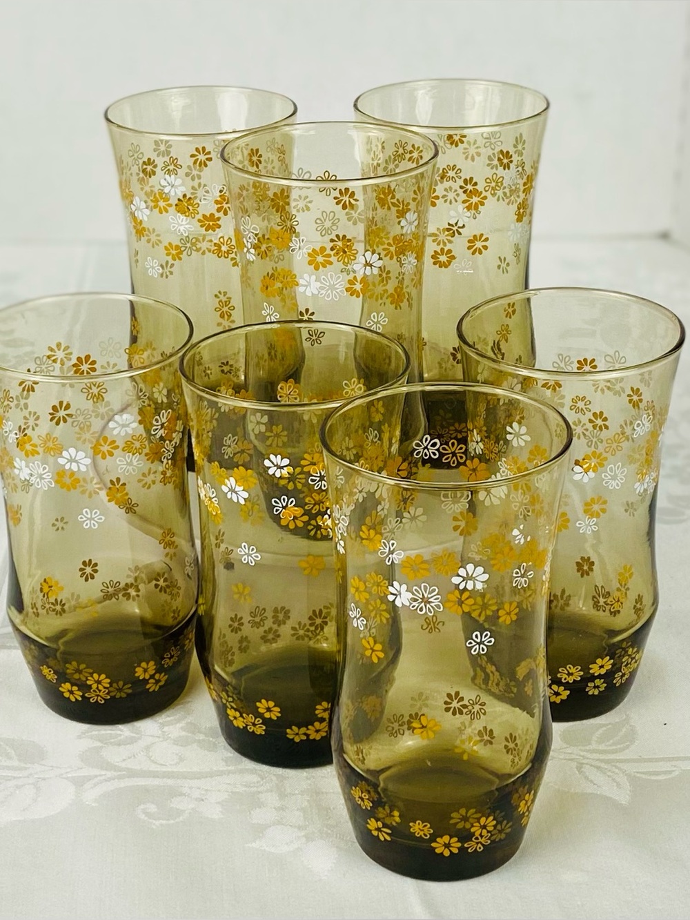 7 - Libby Crazy Daisy Brown Drinking Glasses 6 oz Set of 7